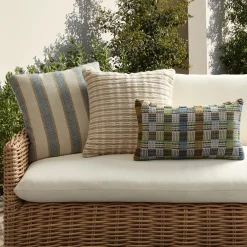 West Elm Blue Striped Plaid Outdoor Pillow Set
