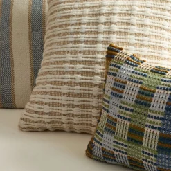 West Elm Blue Striped Plaid Outdoor Pillow Set
