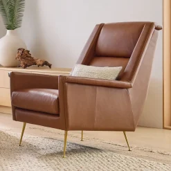 West Elm Carlo High-Back Leather Mid-Century Chair - Metal Legs