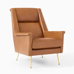 West Elm Carlo High-Back Leather Mid-Century Chair - Metal Legs