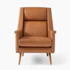 West Elm Carlo High-Back Leather Mid-Century Chair - Wood Legs