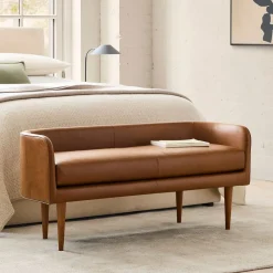 West Elm Celine Leather Bench - Wood Legs