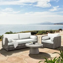 West Elm Coastal Wicker Outdoor Sofa, Swivel Chair & Concrete Pedestal Round Coffee Table Set