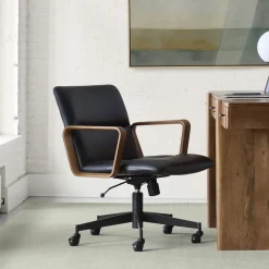 West Elm Cooper Leather Swivel Office Chair w/ Wood Arms