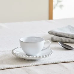 West Elm Costa Nova Pearl White Stoneware Coffee Cup & Saucers (Set of 4)