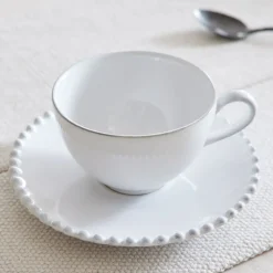 West Elm Costa Nova Pearl White Stoneware Teacup & Saucers (Set of 4)