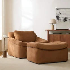 West Elm Danver Leather Chair & Ottoman Set
