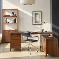 West Elm Hughes L-Shaped Desk with File & Storage Cabinets (68") & Tall Bookcase (34") Set
