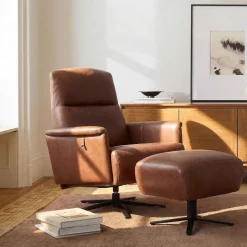 West Elm Levy Leather Recliner & Ottoman Set