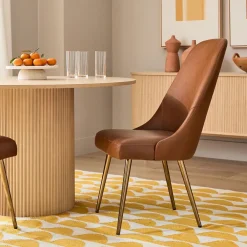 West Elm Mid-Century High-Back Leather Dining Chair - Metal Legs