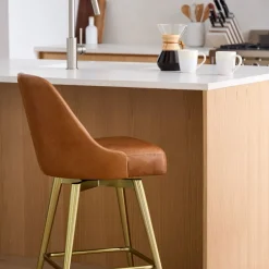 West Elm Mid-Century Leather Swivel Counter Stool - Metal Legs