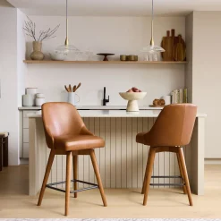 West Elm Mid-Century Leather Swivel Counter Stool - Wood Legs