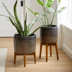 West Elm Mid-Century Turned Wood Leg Planters - Gold Stripe