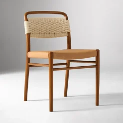 West Elm Open Box: Eindhoven Leather Dining Chair - Ludlow Leather Sesame, Cool Walnut