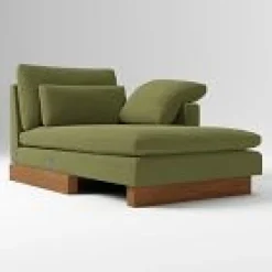 West Elm Open Box: Harmony Right Arm Chaise - Deluxe Velvet Tarragon, Dark Walnut