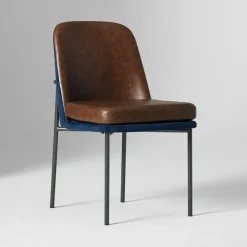 West Elm Open Box: Jack Metal Frame Two-Tone Dining Chair - Performance Velvet Ink Blue & Vegan Leather Molasses, Dark Bronze
