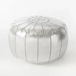 West Elm Open Box: Leather Moroccan Pouf, Small (20"D x 14"H) - Silver