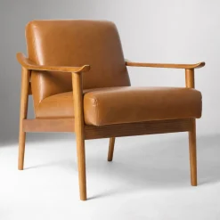 West Elm Open Box: Mid-Century Leather Show Wood Chair - Vegan Leather Saddle, Pecan