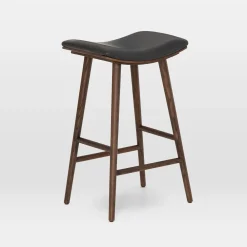 West Elm Open Box: Oak Wood Leather Saddle Bar Stool (26") - Warm Ash/Distressed Black
