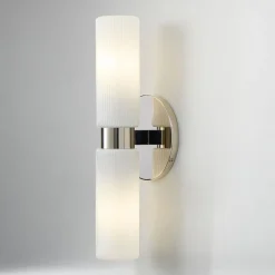 West Elm Open Box: Weston Fluted Glass Double Short Indoor/Outdoor Sconce (16") - Polished Nickel, Milk