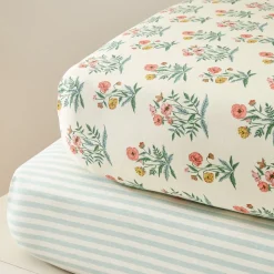 Kids West Elm Pink Chicken Floral & Stripe Crib Fitted Sheet Bundle