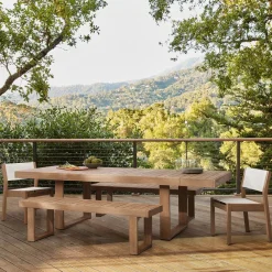 West Elm Portside Wood Outdoor Extendable Dining Table (76.5"–106"), Benches & Stacking Chairs Set