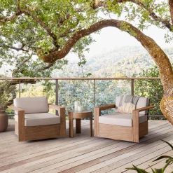 West Elm Portside Wood Outdoor Swivel Chairs & Round Side Table Set
