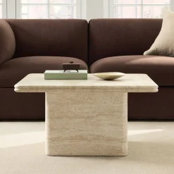 West Elm Royce Faux Travertine Square Pedestal Coffee Table (30")