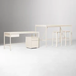 West Elm Tandem Worktable (72"), Desk (60"), File Cabinet (16") & Work Stool Set