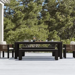 West Elm Telluride Aluminum Outdoor Extendable Table (60"–85"), Telluride Benches (66") & Porto Aluminum Arm Dining Chairs Set