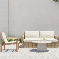 West Elm Westport Wicker Slim Profile Outdoor Sofa (68"), Cusco Textilene® Sling Lounge Chair & Concrete Pedestal Round Coffee Table (32") Set