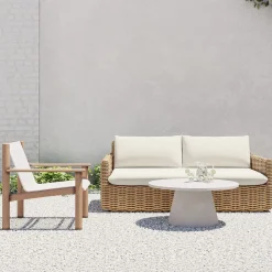 West Elm Westport Wicker Slim Profile Outdoor Sofa (68"), Cusco Textilene® Sling Lounge Chair & Concrete Pedestal Round Coffee Table (32") Set