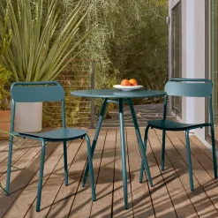 West Elm Wren Outdoor Bistro Table (28") & Metal Stacking Chairs Set