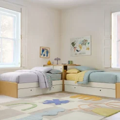 Kids West Elm Ziggy Twin Platform Storage Beds w/ Corner Shelf Headboard